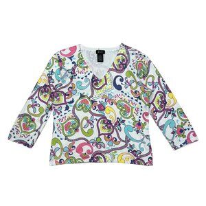 Y2K Evie Paisley Print V Neck 3/4 Sleeve Cotton Stretch Preppy Top S